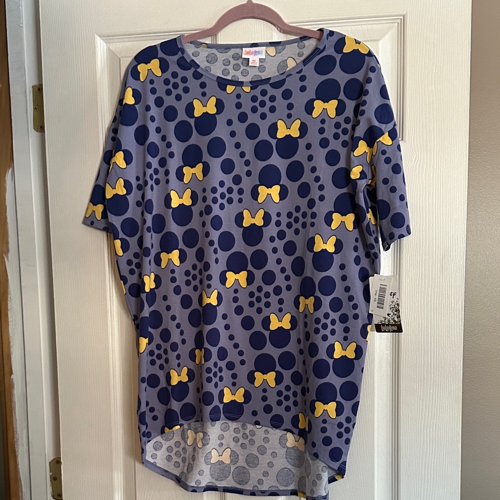 LuLaRoe Disney Minnie Mouse LuLaRoe Blue and Yellow Bow Print Short Sleeve Top